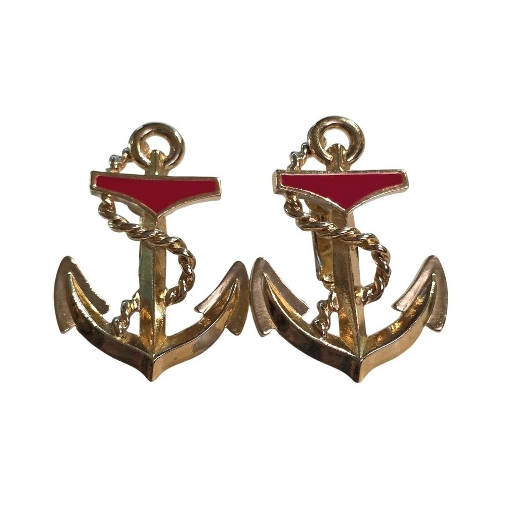 Vintage Avon Anchors Aweigh Gold Tone Red Enamel Anchor Nautical Clip On Earring